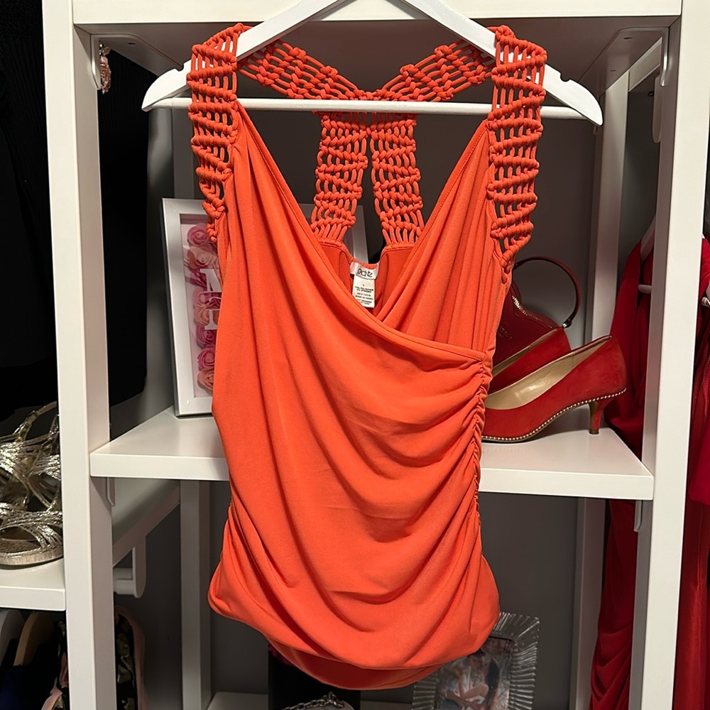 Cache Orange Macramé Strap Drape Tank Top